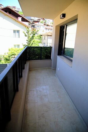 A narrow balcony with a metal railing, a window, and a view of neighboring buildings. - Nature Heals by Todoroff (Devin)