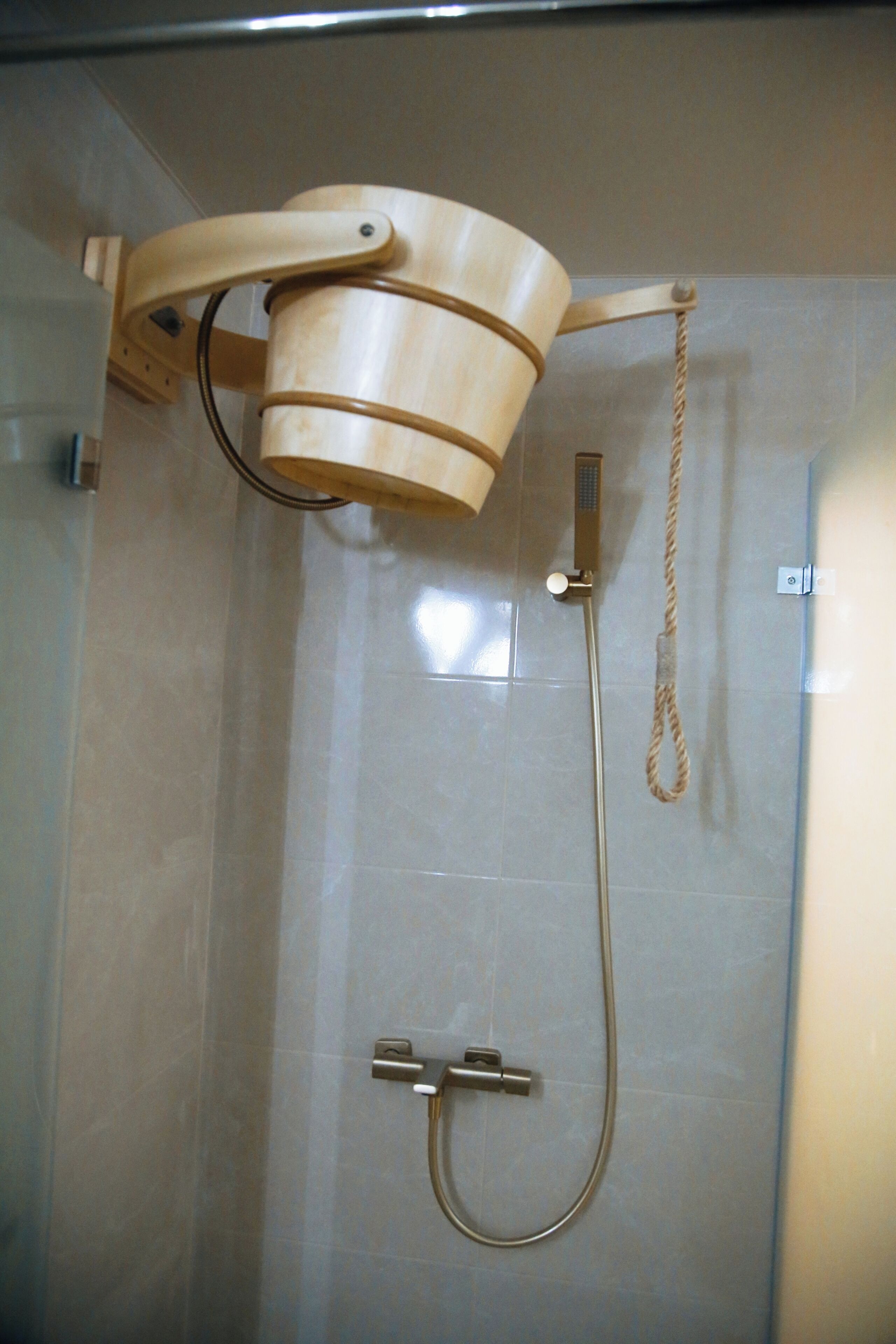 Shower, slippers, towels, soap
