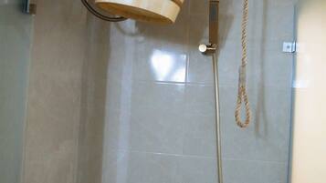 Shower, slippers, towels, soap