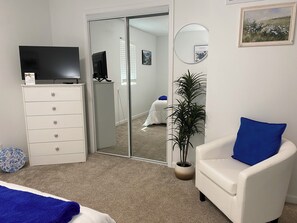 A bedroom with a bed, a dresser, a television, a mirror, a potted plant, and a chair with a pillow.