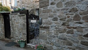 Un bâtiment en pierre avec une porte en métal et des plantes en pot.