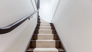 Uma escadaria com corrimão de metal e degraus carpetados.