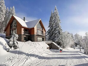 Eine zweistöckige Holzlodge mit einer Skipiste im Vordergrund.