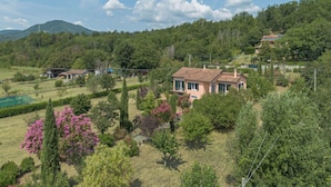 A residential area with houses surrounded by greenery and a mountainous backdrop.