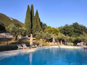 Ein Schwimmbecken mit Liegestühlen und Sonnenschirmen, umgeben von Bäumen und einer Bergkulisse.