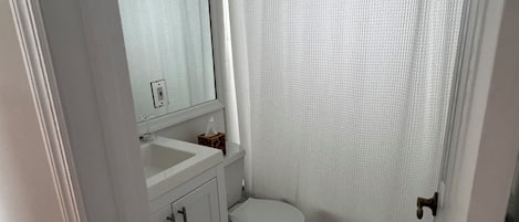 A bathroom with a toilet, a sink, and a shower curtain.