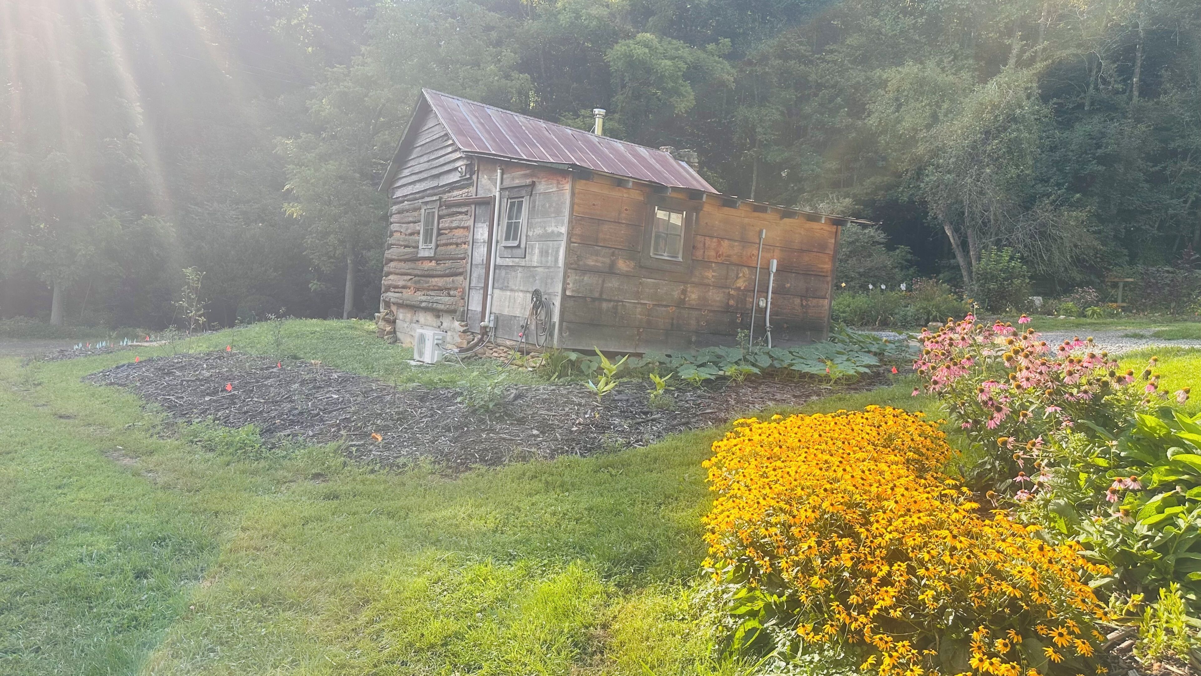 A rustic log cabin with a metal roof, surrounded by a well-maintained garden with various plants and flowers.