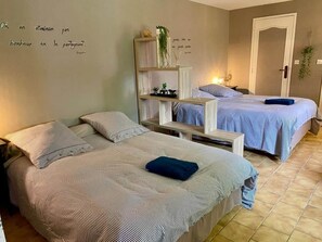 A room with two beds, a bedside table, a shelf with decorative items, and a door. - Gîte "Le Petit Clos" (Amboise)