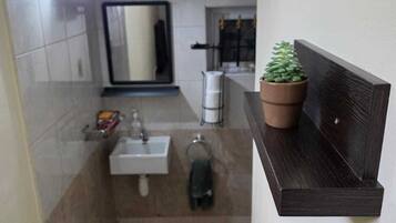 A bathroom with a white sink, a mirror, a potted plant, and a dark wooden shelf.
