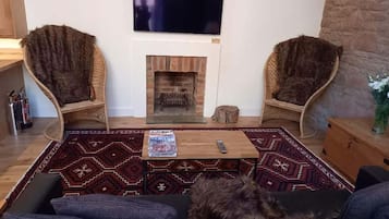 A living room with two armchairs, a sofa, a fireplace, a television, and a rug.