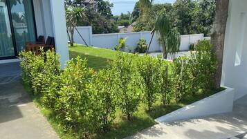 A modern outdoor area with a concrete pathway, neatly trimmed bushes, and a grassy lawn.