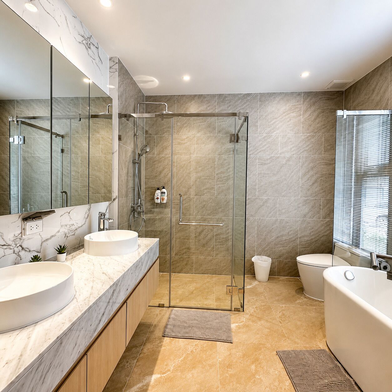 Une salle de bain moderne avec une douche à parois de verre, deux lavabos et une baignoire.