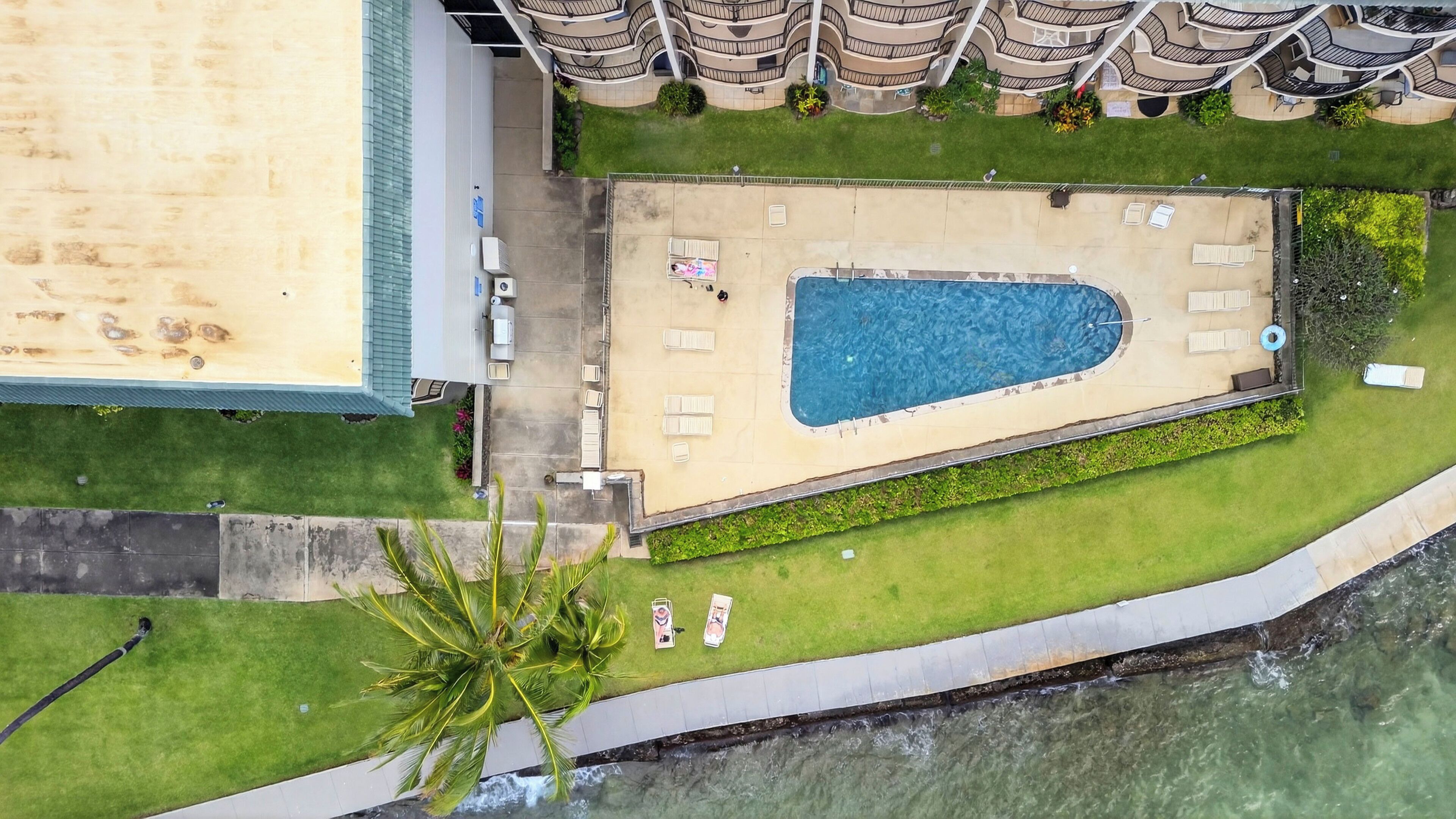Luchtbeeld van een hotel met een zwembad, ligstoelen en een palmboom.