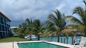 A swimming pool with lounge chairs, palm trees, and a building in the background.