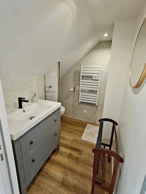 Dusche, Haartrockner, Handtücher, Seife