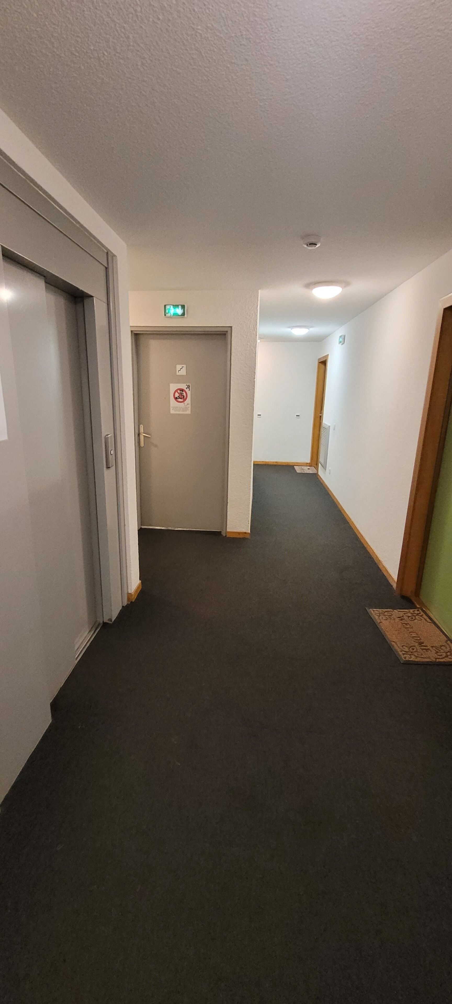 Un pasillo con piso alfombrado, una puerta con letrero de no fumar y un detector de incendios en el techo.