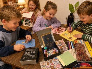 A group of children engaged in a craft activity with various stationery items and a book titled 'The Book of Answers' on a wooden table.