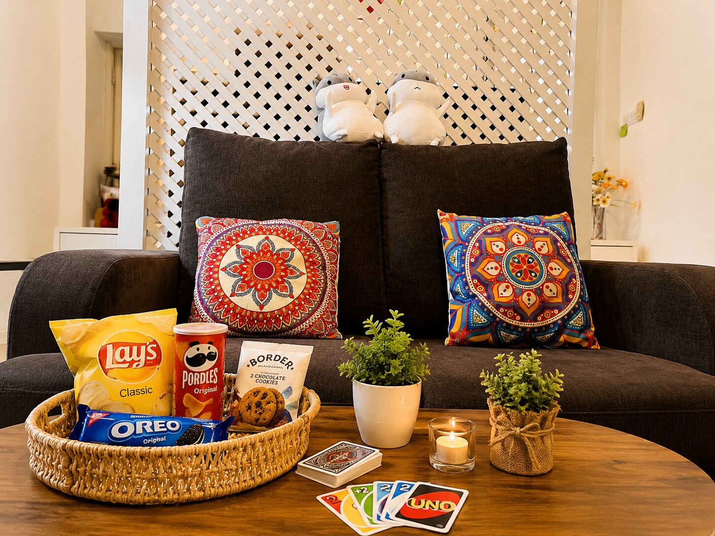 A living room with a dark sofa, two decorative pillows, a basket with snacks, a plant, and a candle.