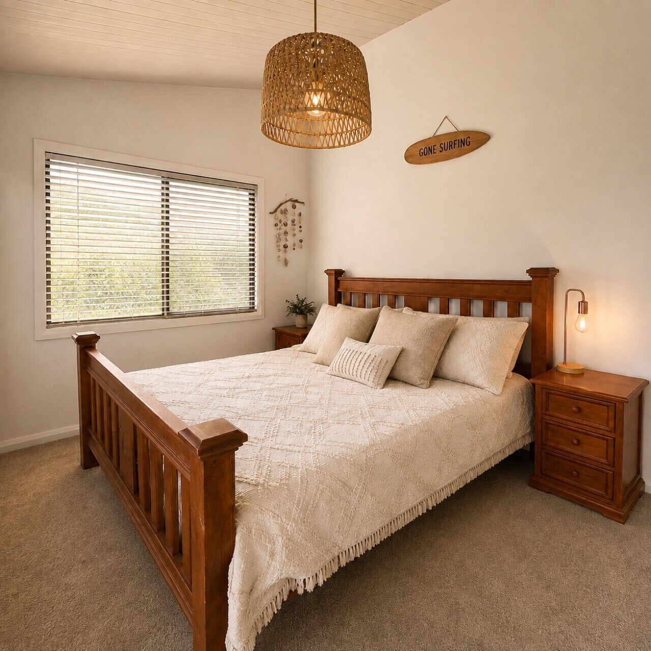 Une chambre à coucher avec un lit en bois, une lampe de chevet, un luminaire suspendu, une fenêtre avec des stores et un panneau fixé au mur.