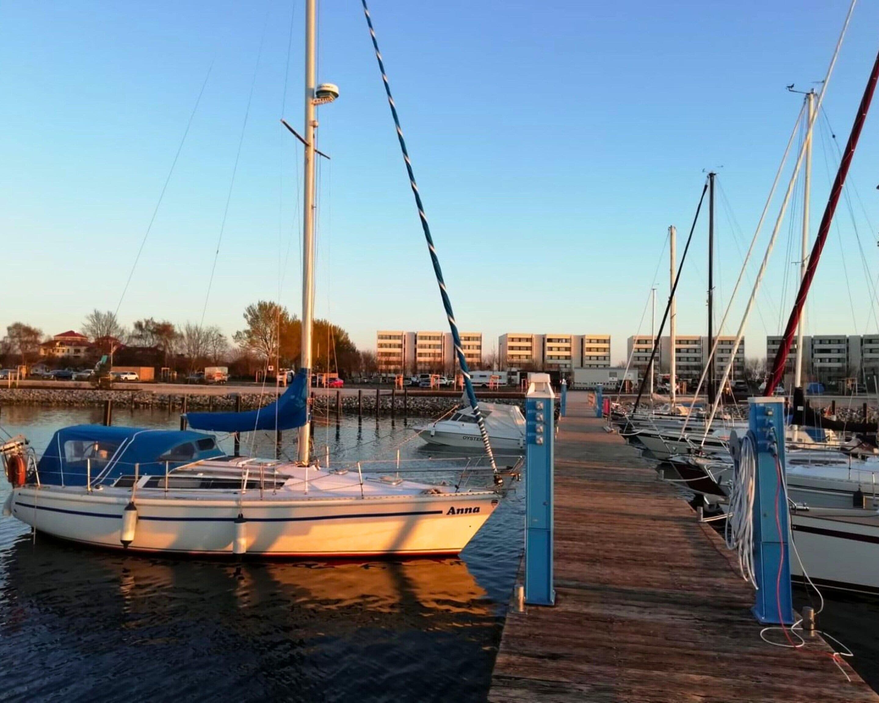 A marina with several boats docked, a wooden pier, and buildings in the background.