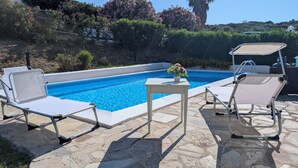 Ein Pool mit Liegestühlen und einem Tisch, umgeben von Steinböden und Grünpflanzen.