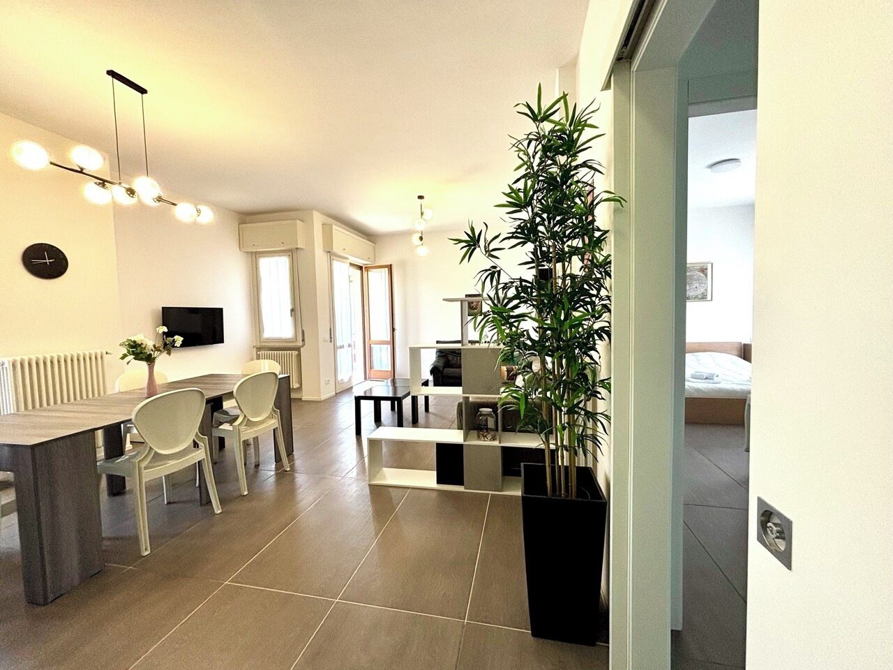 A modern living space with a dining area, a large potted plant, and a television mounted on the wall.