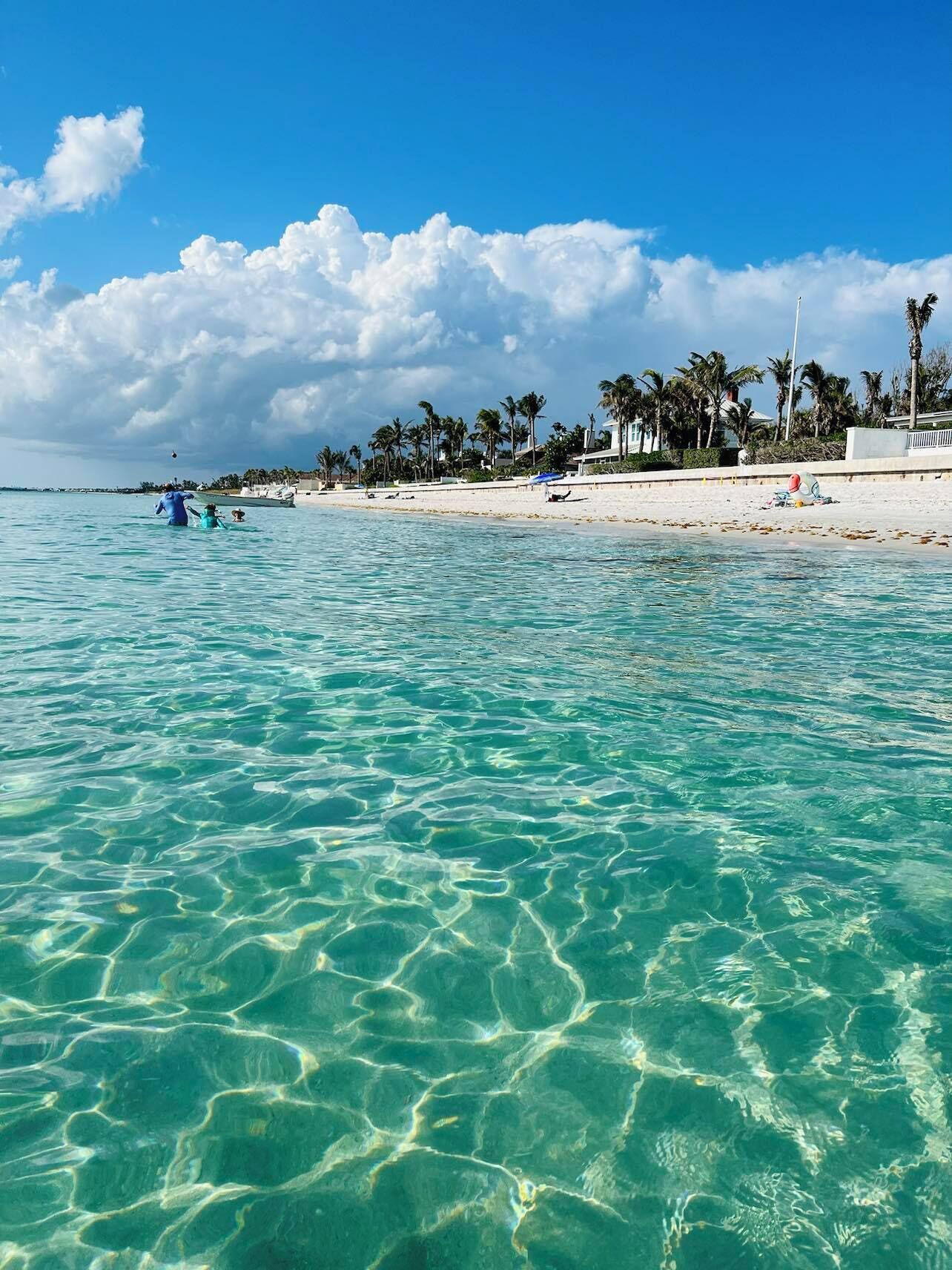 Een strand met helder turquoise water, palmbomen en een zandstrand.