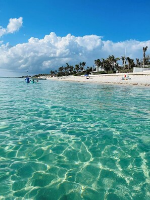 Une plage à l’eau turquoise et limpide, bordée de palmiers et d’un rivage sablonneux.