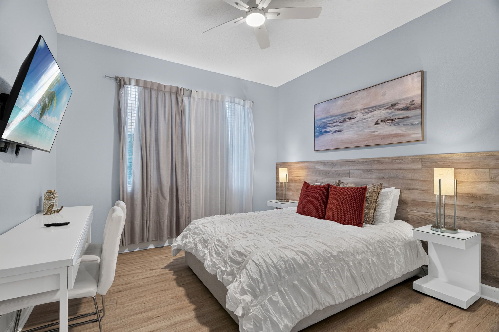 Desk, iron/ironing board, travel crib, WiFi (free)