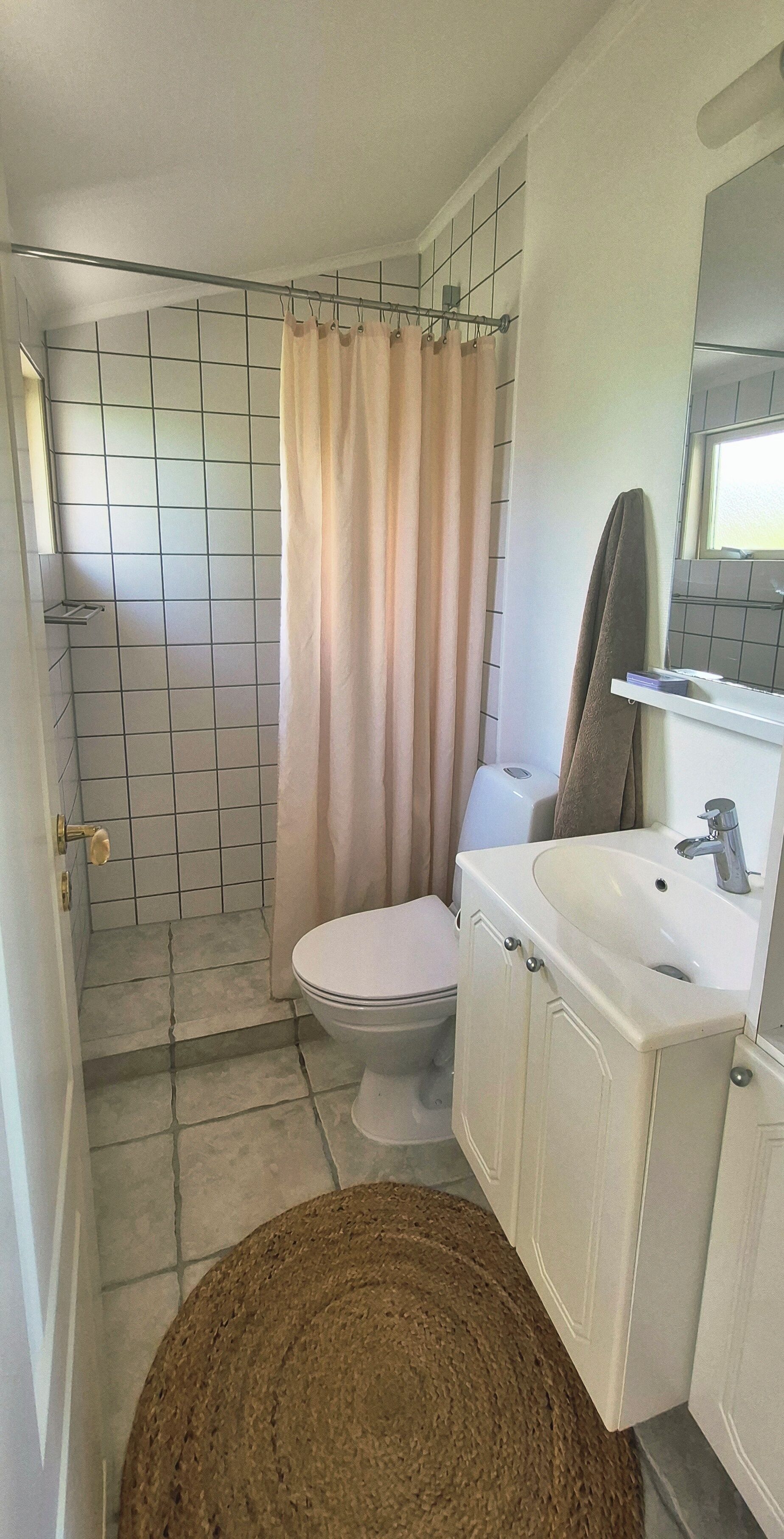 A bathroom with a shower, toilet, sink, and a mirror.