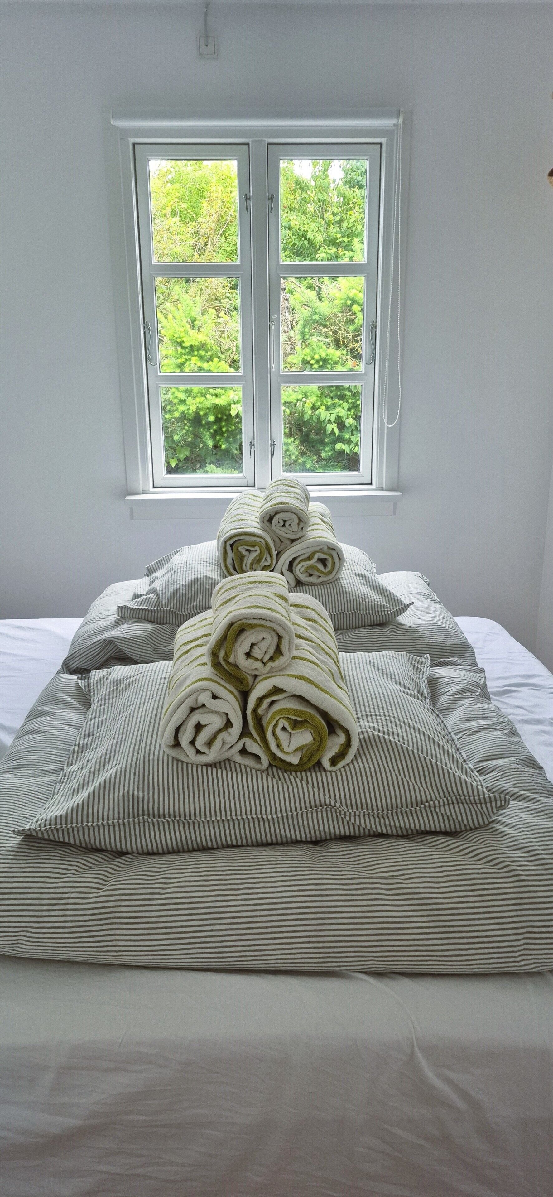 A bedroom with a bed, striped bedding, and a window with greenery outside.