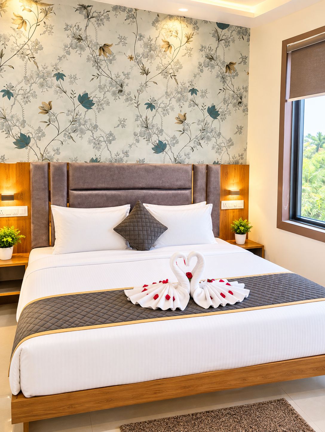 A neatly made bed with a quilted bedspread, two pillows, and a decorative swan towel arrangement.