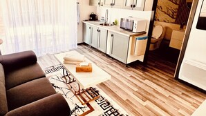 Ein modernes Wohnzimmer mit einer Couch, einem Couchtisch und einem gemusterten Teppich.