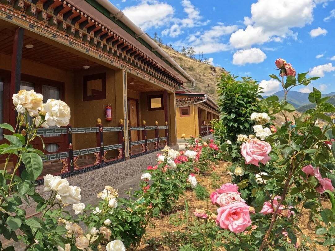 Un bâtiment traditionnel doté d’un balcon, entouré d’un jardin où poussent des rosiers.