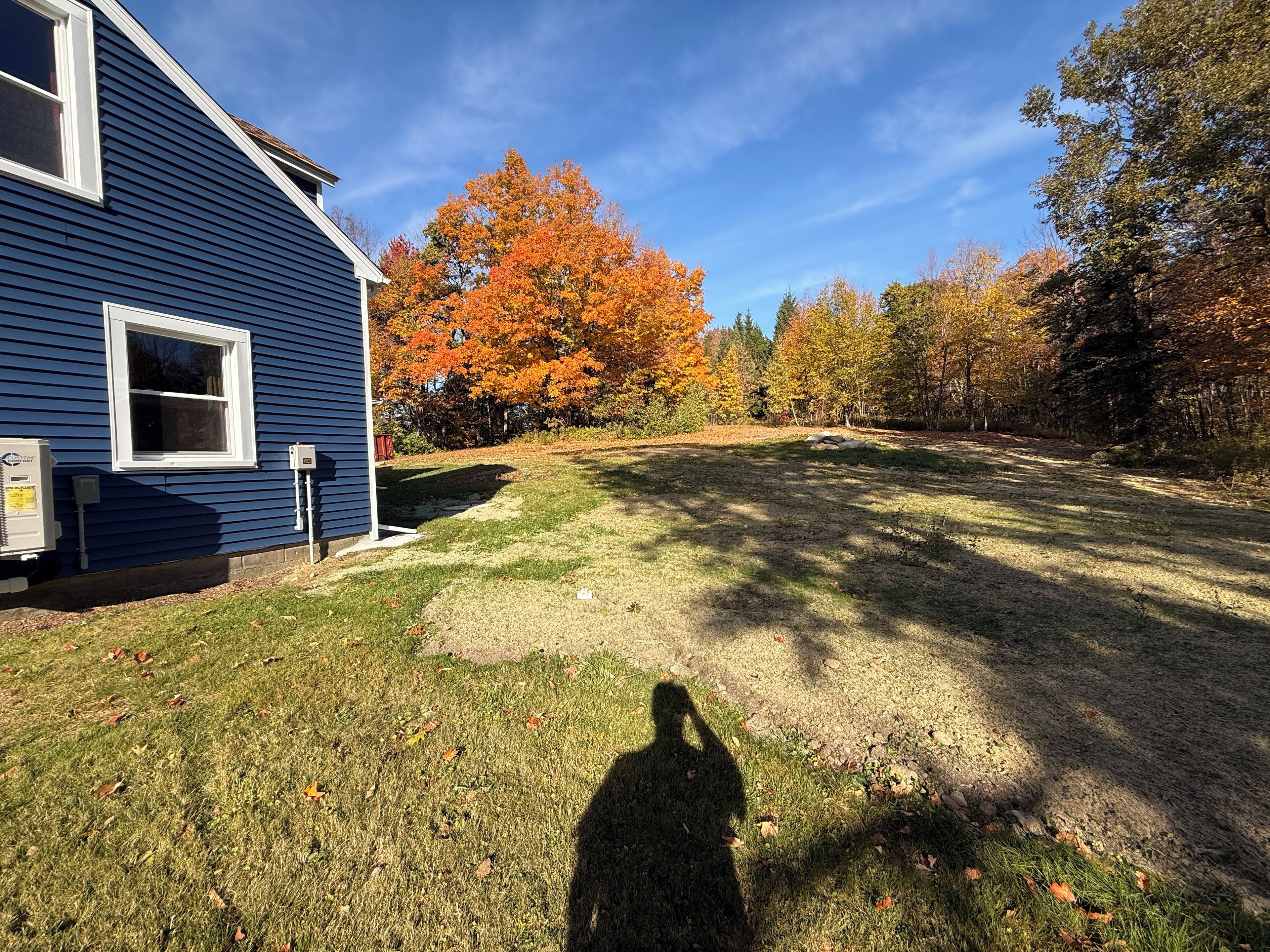 A residential property with a blue house, a lawn, and autumn foliage.