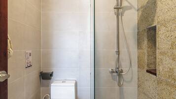 A modern bathroom with a glass-enclosed shower, a toilet, and a bidet.