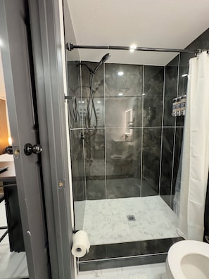 A modern bathroom with a glass-enclosed shower, a toilet, and a sink.