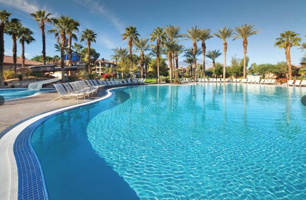 A curved swimming pool with clear blue water, surrounded by palm trees and lounge chairs.