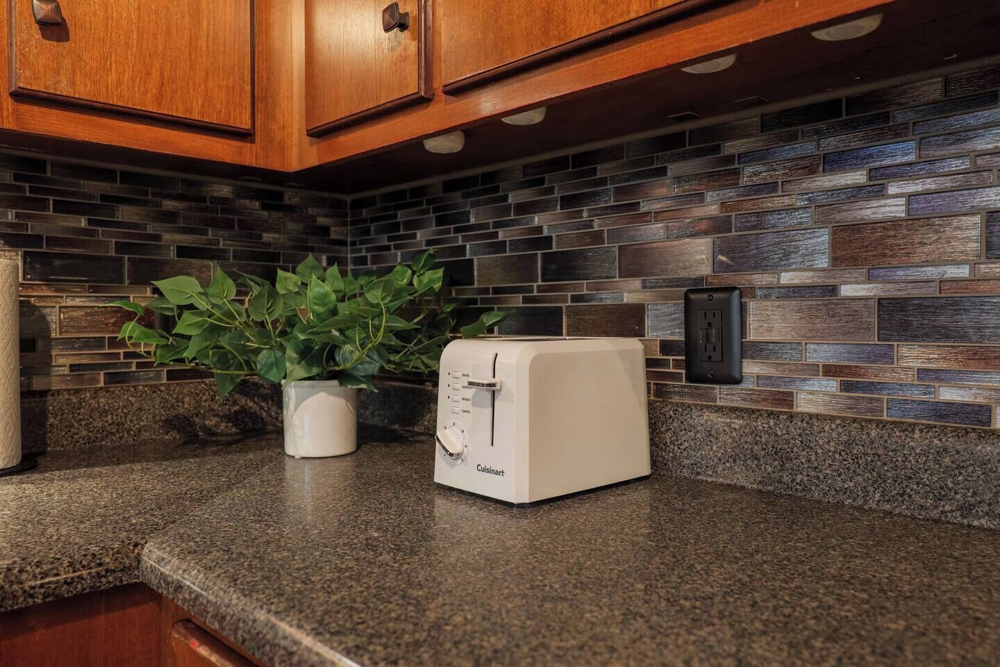 A kitchen with a toaster on the counter, a potted plant, and a tiled backsplash.