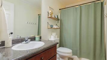 Hair dryer, towels, soap, shampoo