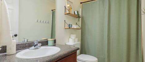 A bathroom with a white sink, a toilet, a green shower curtain, and a mirror.