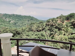 A balcony with solar panels, a white column, and a view of a lush green landscape with palm trees. - Avana Hills Tagaytay Holiday Villa (Tagaytay)