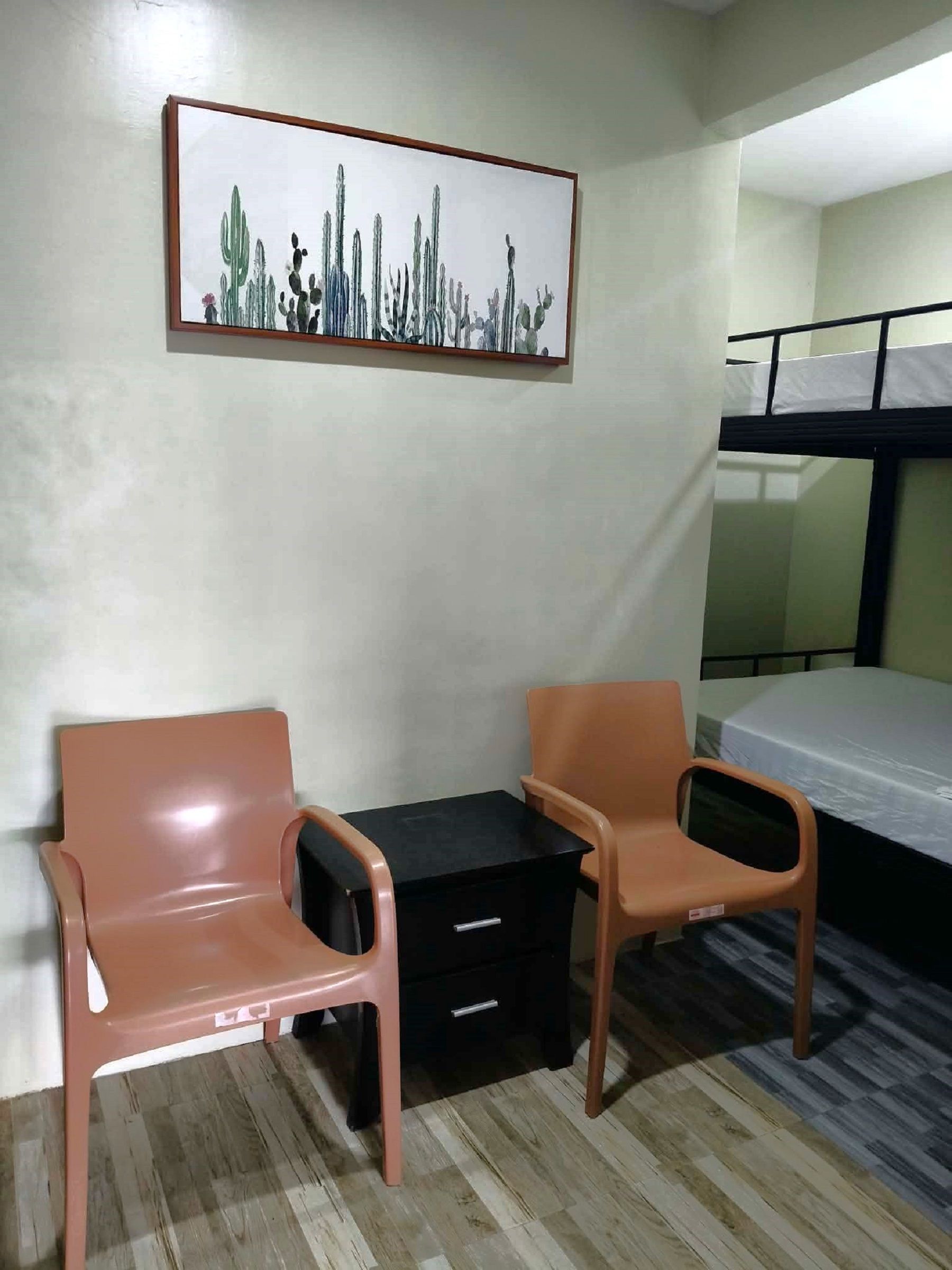 Une pièce avec des lits superposés, deux chaises, une petite armoire noire et un tableau sur le thème des cactus accroché au mur.