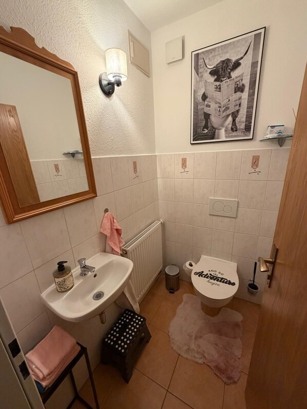 A bathroom with a sink, toilet, mirror, and a framed picture on the wall.