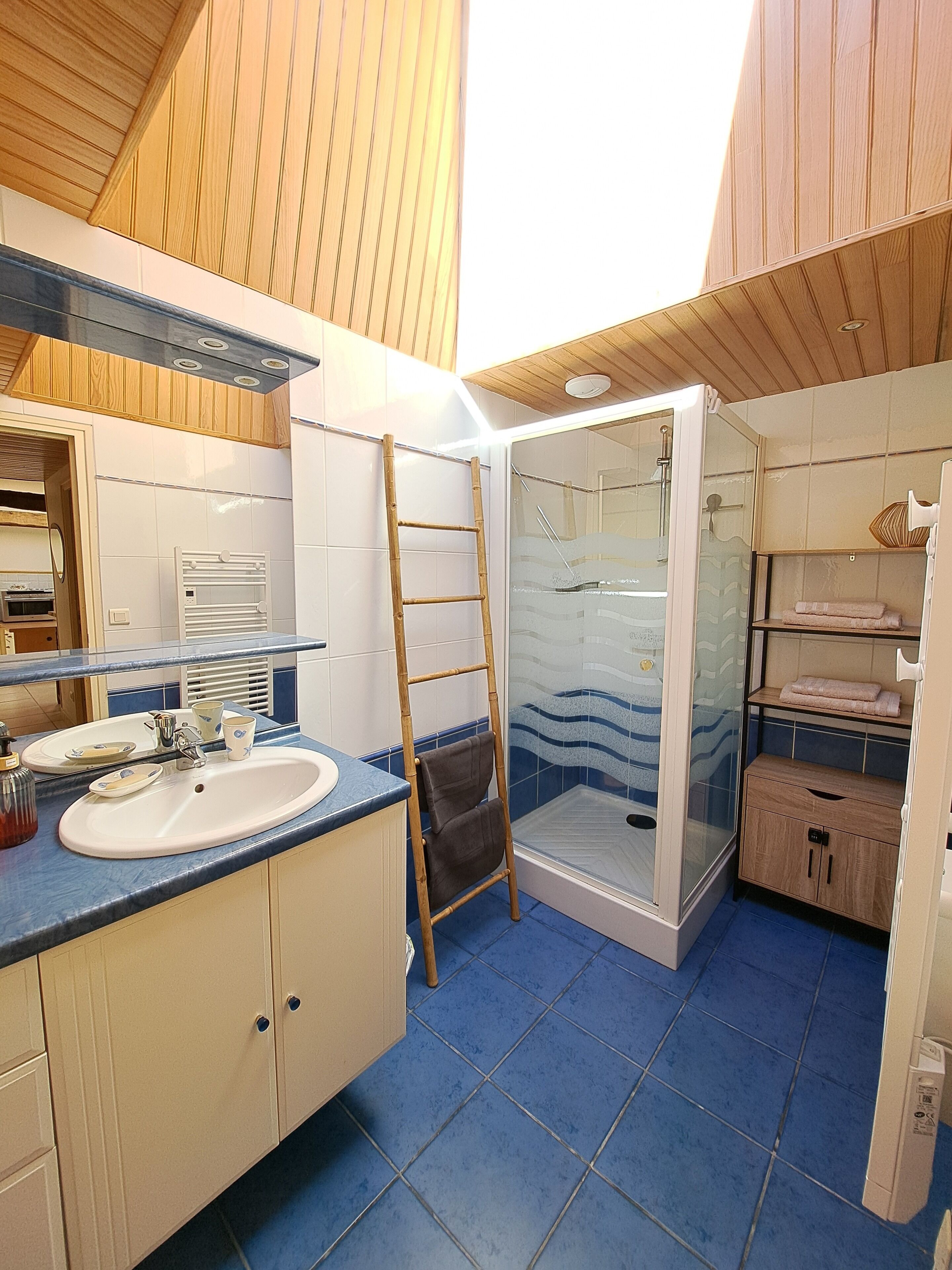 A bathroom with a sink, mirror, shower, and storage cabinets.