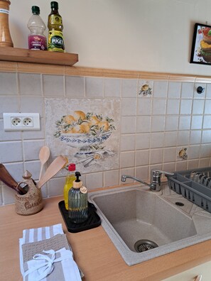 Una encimera de cocina con un lavabo, un descansacuchillos de madera, una botella de aceite y una especiería.