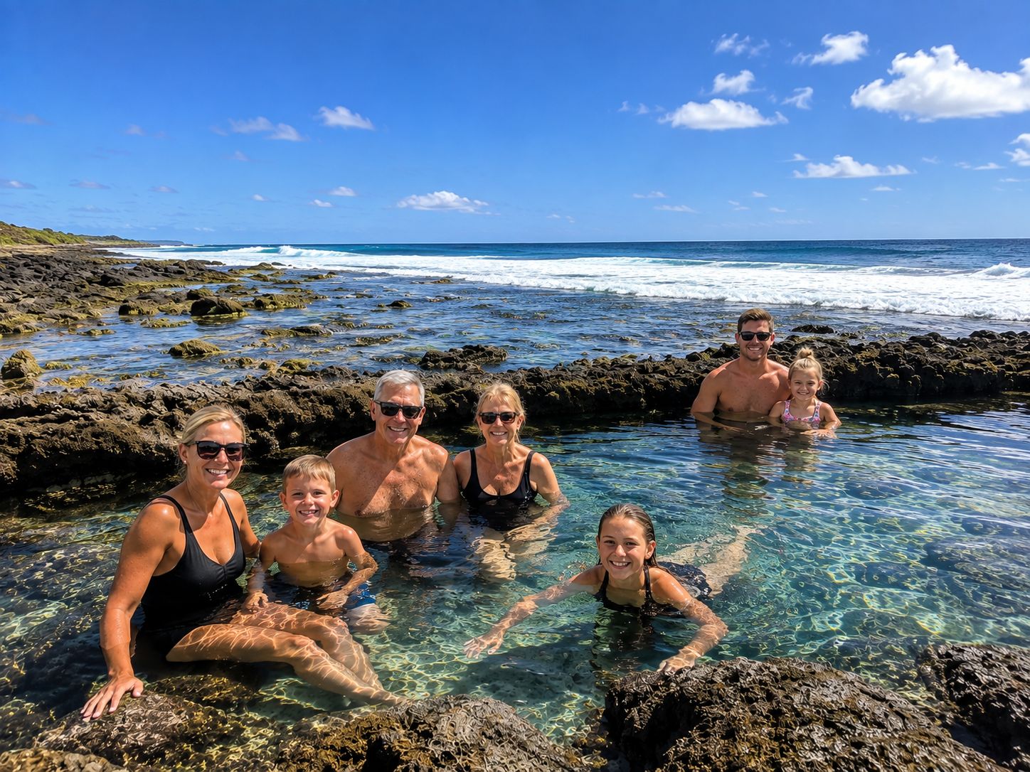 Un grupo de personas en una piscina de agua cristalina rodeada de terreno rocoso, con vista al océano.