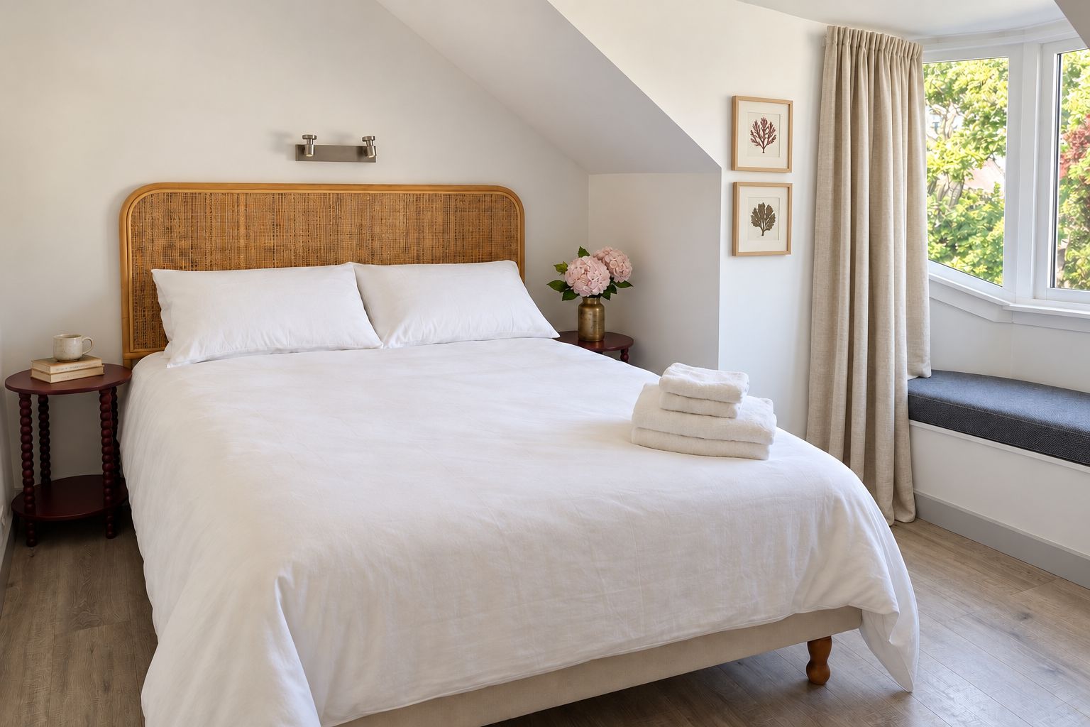 A neatly made bed with white linens, a bedside table with a cup and books, a window with curtains, and a wall-mounted light fixture.
