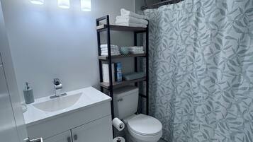 Hair dryer, towels, soap, toilet paper
