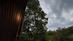 A balcony with a view of a garden and a house.